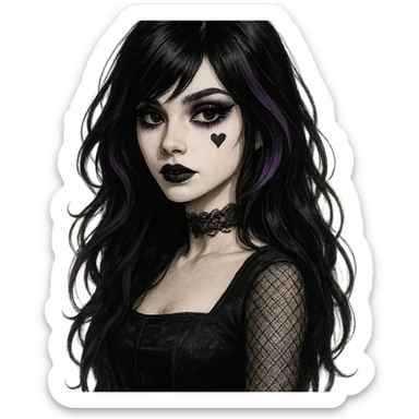 emo girl with heart face, dark hair, purple highlights, gothic makeup, mysterious and elegant sticker