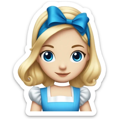 alice in wonderland, blonde girl with blue dress and white apron, blue eyes, black headband with bow on top  sticker