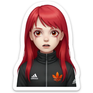 Crie um emoji de uma menina zumbi  com o cabelo vermelho longo com uma franja reta casaco de gola alta da adidas sticker