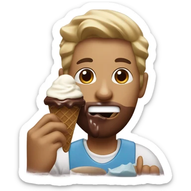 Guy eating ice cream with chocolate sauce on his face while watching football with a dog licking the spoon sticker