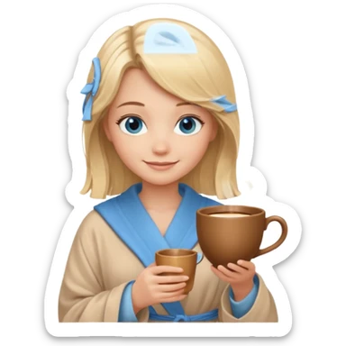 cozy blonde girl with middle length hair and blue eyes holds a brown cup in abeige  robe sticker