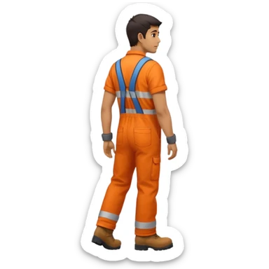 Indian male railway engineer orange overalls, boots walking back view sticker