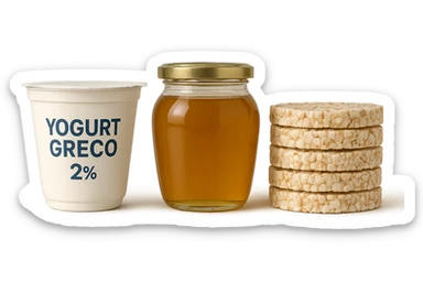 Yogurt Greco 2%
Miele (senza il cucchiaio di legno)
Gallette di Riso
vista frontale, iperrealistico 4k sticker