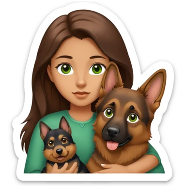 girl with long brown hair and green eyes holding a german shepherd  sticker