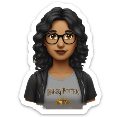 indian woman with dark wavy hair, sunglasses on her head and a harry potter tshirt sticker