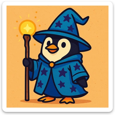 a penguin dressed as a wizard, with a pointy hat and a magic staff, in a fun and whimsical style sticker