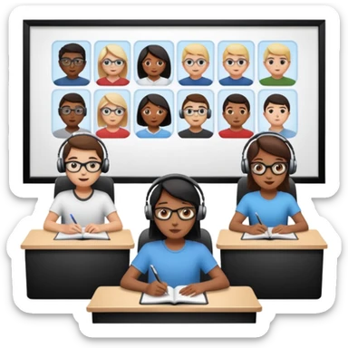 Birdseye view of large study space with students working separately add students wearing Vision Pro headsets sticker