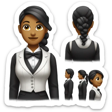 a female butler with a professional and elegant demeanor. She has her hair neatly tied in a ponytail and wears a classic butler uniform, including a tailored vest, crisp white shirt, and bow tie. sticker