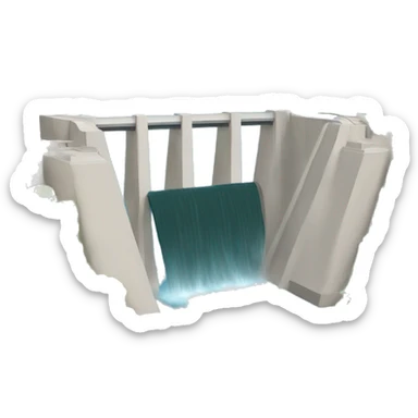 a dam with water behind it, mountains in the background sticker