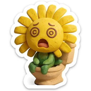 lemon yellow dandelion flower with a shocked face, sitting on a toilet with swirls in the eyes, soft colors, chibi expression sticker