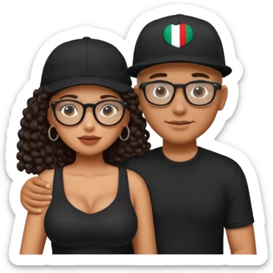 A picture of an embracing tanned couple. the man is a Mexican man with tanned skin, with a bald hair cut wearing a SnapBack hat and a black shirt. the woman wearing black glasses, with long curly dark brown hair and with big boobs.  sticker