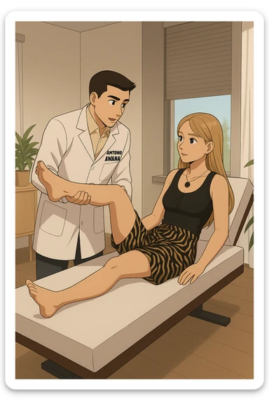 fai un webtoon/manga a colori con questo kinesiologo in camice bianco (fagli la scritta "ANTONIO ANANIA" SUL CAMICE) CHE SVOLGE UN TEST NEUROMUSCOLARE SOLLEVANDO UNA GAMBA ALLA RAGAZZA CHE è STESA SU UN LETTINO BIANCO. STANZA SEMPLICE E MODERNA, DURANTE IL TEST I DUE DIALOGANO TRA LORO. NON FARE I FUMETTI, FAI SOLO LORO COME SE DIALOGASSERO sticker