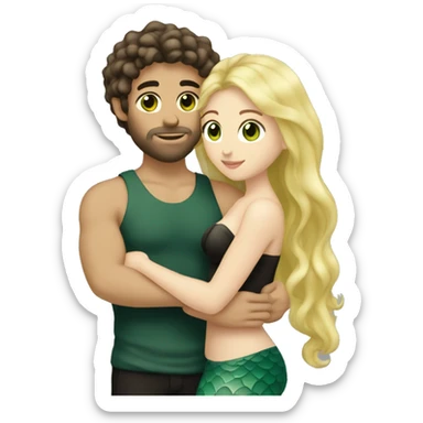 Intimate moment of Lovers. She is a mermaid, has blond wavy Hair and brown eyes. He is tall, has short black hair, a short beard and has green eyes. Both have white skin. sticker
