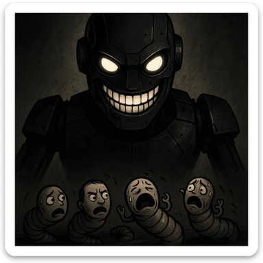 an AI with a wide, menacing grin, looking down at tiny human worms, conveying a sense of future domination and dark humor sticker