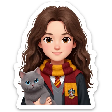 asian smart ravenclaw girl student with long brown messy hair and brown eyes, holding a gray cat with blue eyes sticker