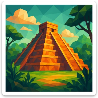 Mayan temple, geometric shapes, vibrant colors, jungle setting, polygonal low-poly style sticker
