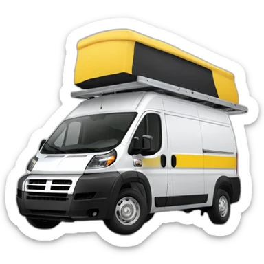 a white promaster van with four yellow stripes and a roof rack sticker