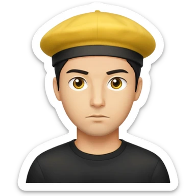 người đàn ông 30 tuổi,áo đen, da vàng, tóc ngắn màu đen, mặt nghiêm túc, đội mũ nồi màu vàng sticker