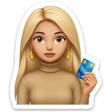a pretty bratz fair indian girl wearing a beige turtleneck, golden earrings, straight ling hair, holding bank cards sticker
