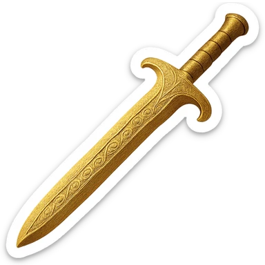 Recolor the sword to a rich, metallic plated gold color with ornate engravings inlaid with bright, reflective silver. Keep the exact shape and proportions of the original sword. The background should be transparent. The style should maintain the original look of the sword. sticker