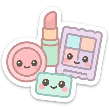 Canmake cosmetics brand inspired emoji, featuring cute makeup items like blush, lipstick, and eyeshadow, with a soft pastel color palette and kawaii style facial expressions sticker