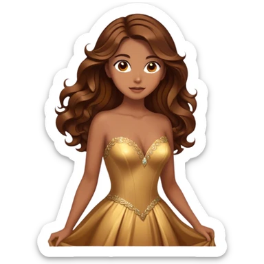 Cinematic Stunning Belle Portrait Emoji, Deep brown eyes full of curiosity, long chestnut hair flowing in soft waves, wearing her golden ballroom gown, glowing with warmth and elegance, a princess whose beauty is as radiant as her mind! sticker