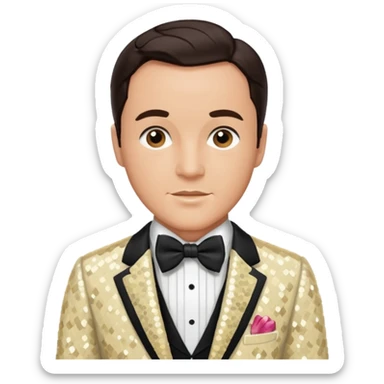Gene Kelly with dark brown hair, cream sequin suit with bow tie sticker