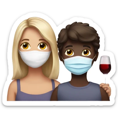 Boy and a girl, best friends with face masks on drinking wine  sticker