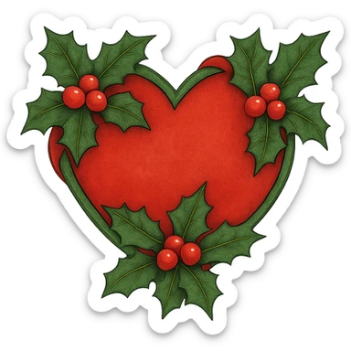 heart with Christmas theme, decorated with holly, red and green, remove background sticker