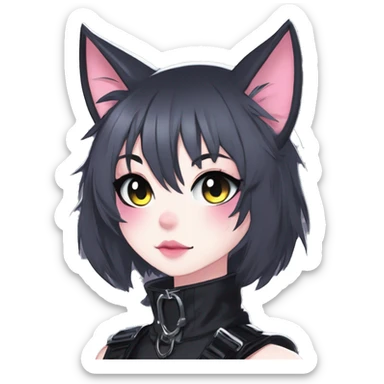 Gorgeous gothic dark techwear anime style anthro black cat furry with blushing face aesthetic and pretty edgy black with collar and harness trending style sticker