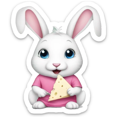 Cute rabbit: a white rabbit wearing a pink shirt . Eating a gorgonzola cheese sticker