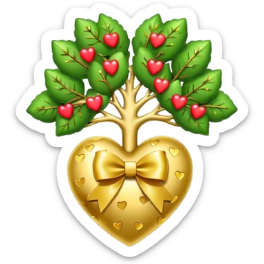 heart with a tree, gold bow with heart pattern on the bow, apple emoji style sticker