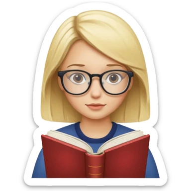 blonde girl with glasses reading sticker