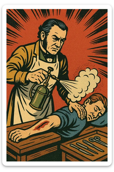 A victorian surgeon like Joseph Lister using a carbolic acid spray during an operation on a patient's arm. The patient is on a wooden operating table. There are surgical tools on a bench to the side. sticker