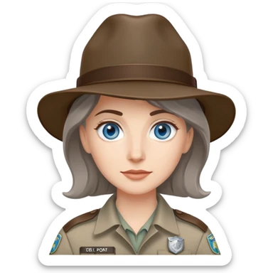 white woman park ranger with blue eyes and brown and gray hair sticker