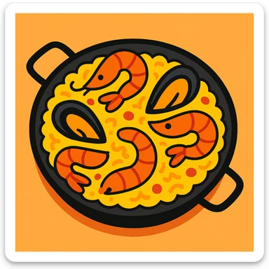 stylized cartoon paella with bright colors, shrimp and mussels visible sticker