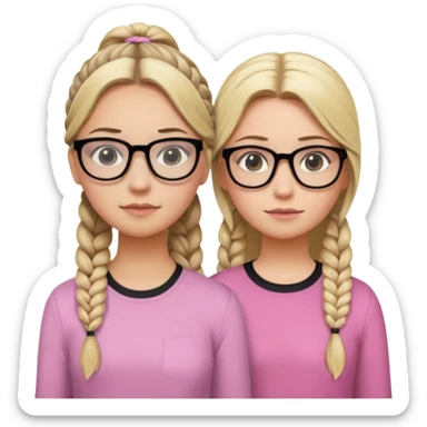 Two girls a taller girl with a black shirt and glasses dirty blonde long hair in a braid and eyeliner, second shorter girl with light blonde shoulder length straight hair with a side part and a pastel pink shirt sticker