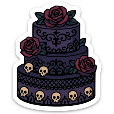 Gothic cake decorated with black lace, dark roses, tiny skulls, and ornate gothic filigree, no background, in a vibrant toon style. sticker