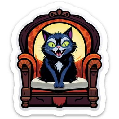 A gothic-style cat, inspired by The Addams Family aesthetic, laughing uncontrollably to the point of exhaustion or having collapsed from laughter. The cat has dark fur, wide mischievous eyes, and a dramatic, eerie expression. The background is dimly lit, with Victorian-style furniture, heavy curtains, and flickering candlelight. The atmosphere is both spooky and humorous, capturing the dark humor of The Addams Family. The cat’s body language is exaggerated, as if it is overwhelmed by laughter, possibly lying on its back with paws in the air or leaning against something for support sticker