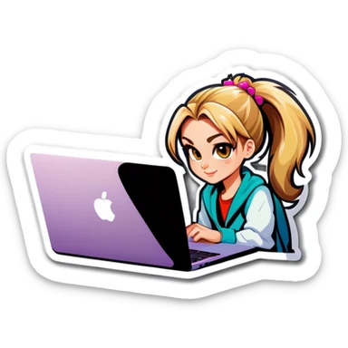 Blonde girl ponytail macBook and a cat sticker