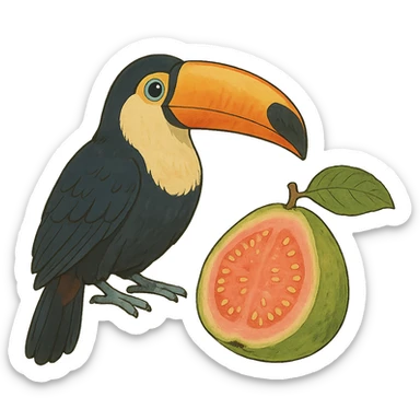 ghibli style toucan and guava sticker