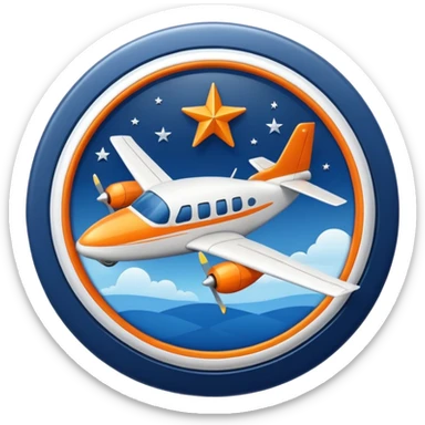 16x16px emoji for 'FlyFlat miles' as a circular badge with a small airplane and a star, using FlyFlat navy blue, orange, and white colors, symbolizing achievement and travel points sticker