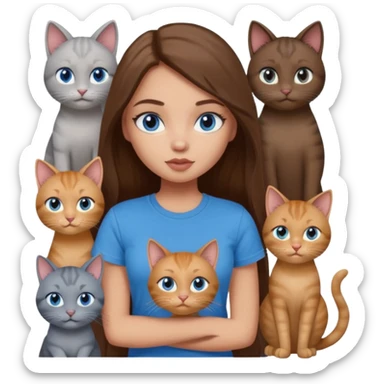 a pretty bratz dusky light skin girl with long brown hair, blue eyes with six cats nd wearing a grey tshirt sticker