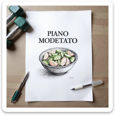 white sheet of paper with the text 'PIANO MODIFICATO', a drawn bowl of salad, drawn gym dumbbells, hyperrealism 4K, no background sticker