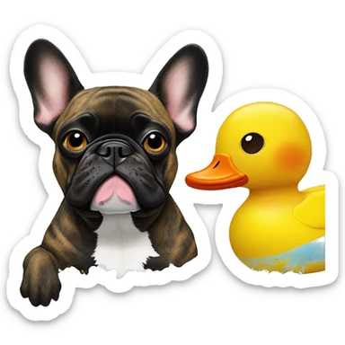 brindle black faced brindle coat french bulldog  bathes with an inflatable duck sticker
