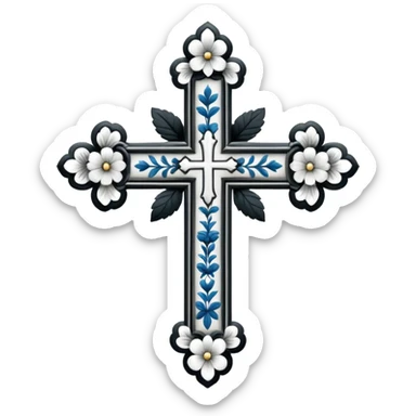 a black and white detailed cross with black and white flower sticker