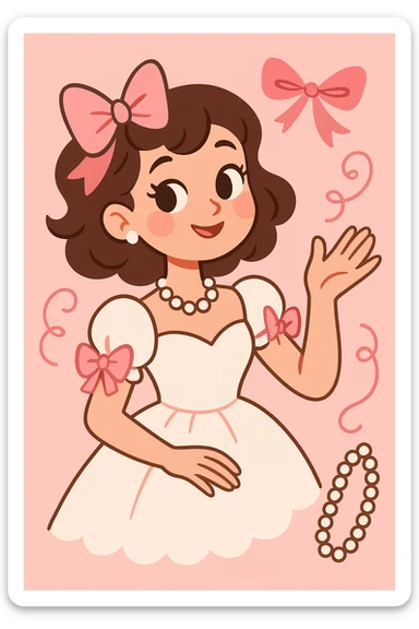 coquette style, pink and white color palette, girly, ribbons, pearls, vintage romantic vibe sticker