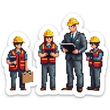 Boss employer with clipboard supervising workers sticker