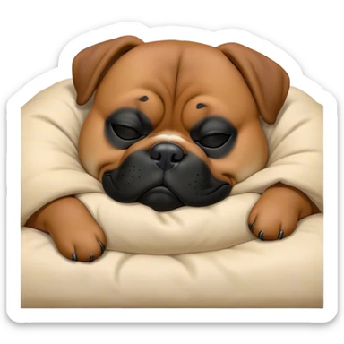 Cinematic Chubby Sleeping Boxer dog Portrait Emoji, Chubby and serene, with a stocky, adorable build and a smooth fawn coat accented by a distinctive black mask, eyes gently closed in peaceful slumber, Simplified yet irresistibly endearing features, highly detailed, glowing with a gentle, dreamy glow, high shine, relaxed and content, stylized with a touch of whimsy, bright and heartwarming, soft glowing outline, capturing the essence of a blissfully sleepy guardian, so comically serene it feels like it could roll out of the screen and snore with adorable charm! sticker
