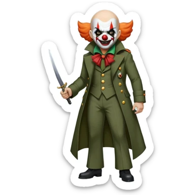 evil clown, bald, small black horns on forehead, fangs, pointed ears, eye patch over one eye, long coat over black and military green leisure suit with bellbottom pants, tail, realistically proportioned, less bulky, full body, battle-ready, fighting posture sticker